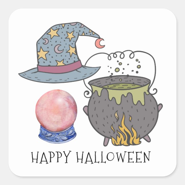 Sticker Carré Sorcières Casquette Cauldron Crystal Ball Hallowee (Devant)