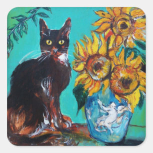 STICKER CARRÉ SOUCHES AVEC CHAT NOIR EN TURQUOISE BLEUE