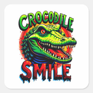 Sticker Carré "Sourire joyeux de crocodile - Amusant et Whimsica