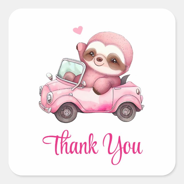 Sticker Carré Sourire rose Sloth conduisant un Merci convertible (Devant)