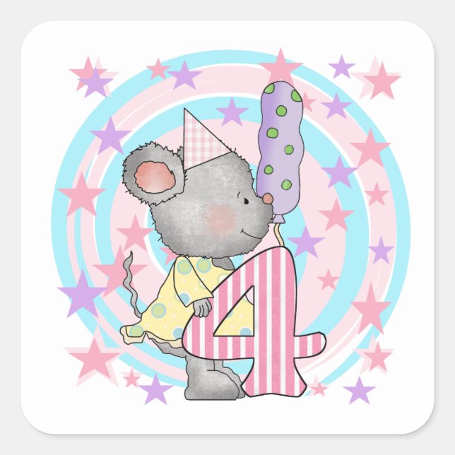 Sticker Carré Souris 4e anniversaire T-shirts et cadeaux (Devant)