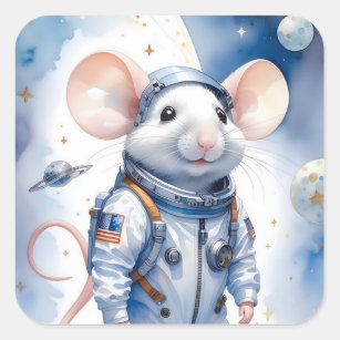 Sticker Carré Souris adorable en costume astronaute dans l'espac