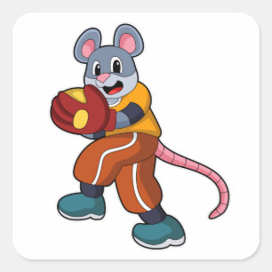 Sticker Carré Souris au baseball avec gant de baseball
