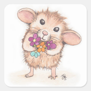 Sticker Carré Souris avec Bouquet de fleurs