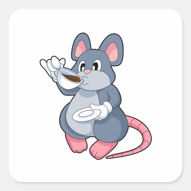 Sticker Carré Souris avec Café Cup (Devant)