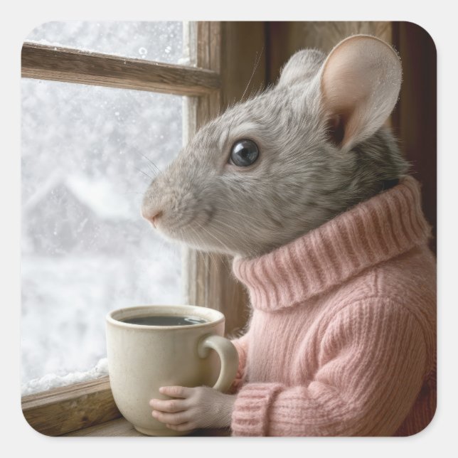 Sticker Carré Souris avec une tasse de café (Devant)
