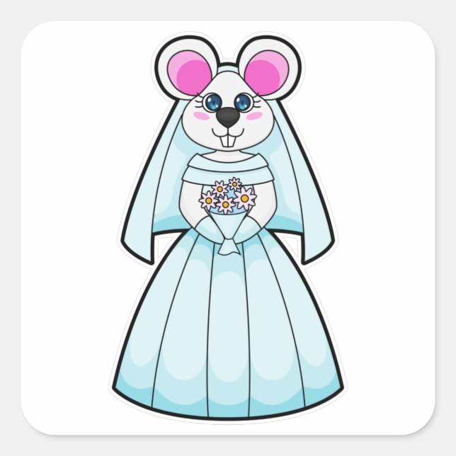 Sticker Carré Souris comme mariée avec bouquet de fleurs (Devant)