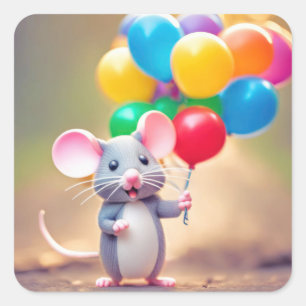 Sticker Carré Souris D'Anniversaire Avec Ballons