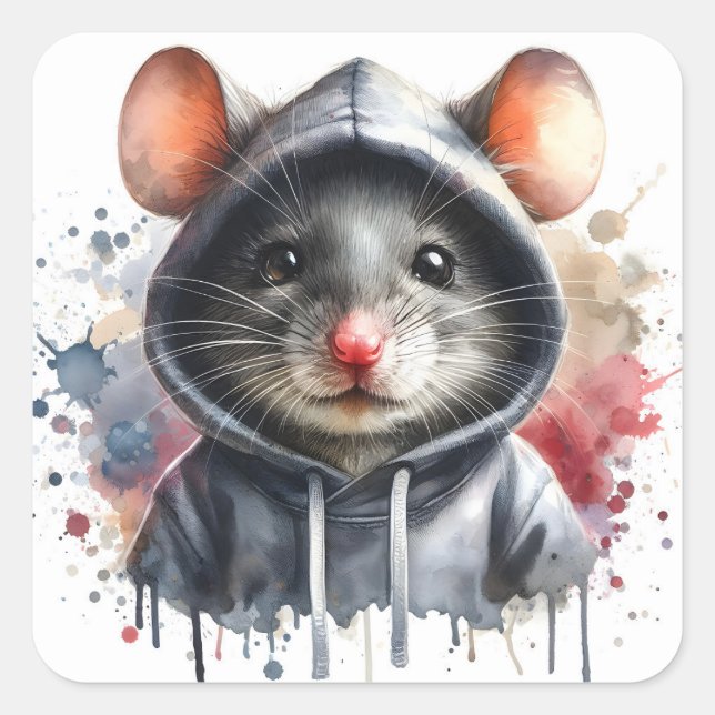Sticker Carré Souris d'aquarelle en gris Sweat - shirt à capuche (Devant)