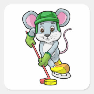 Sticker Carré Souris de hockey sur glace avec bâton de hockey su