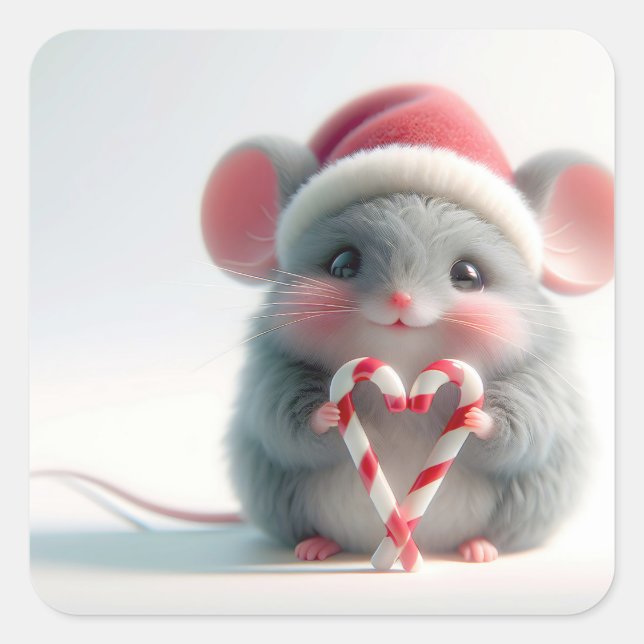 Sticker Carré Souris de Noël avec coeur Sucre de canne (Devant)