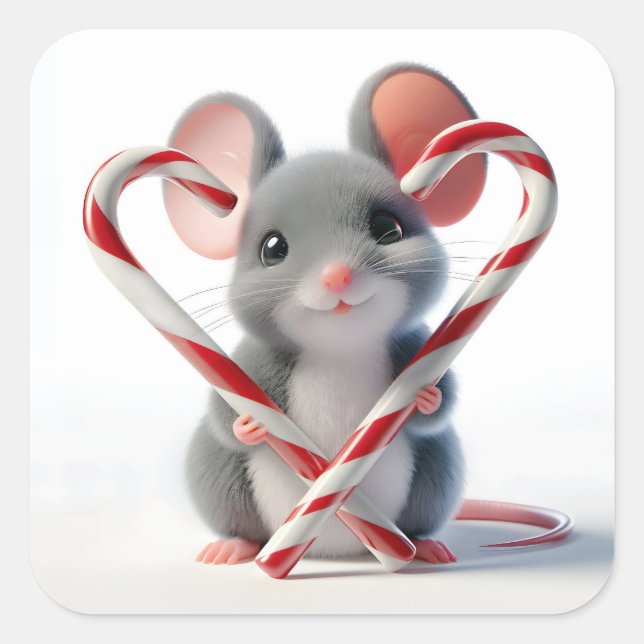 Sticker Carré Souris de Noël avec coeur Sucre de canne (Devant)