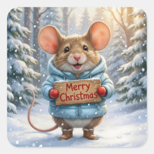 Sticker Carré Souris de Noël dans la forêt hivernale