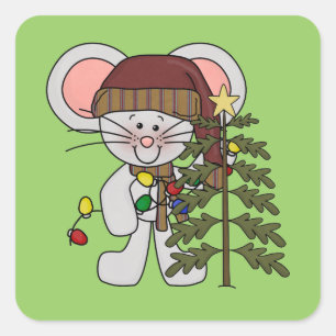 Sticker Carré Souris de Noël décorant l'arbre