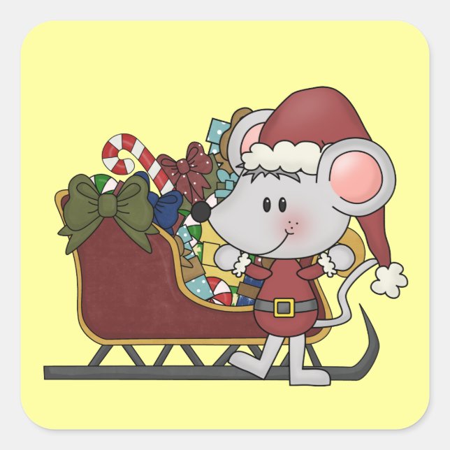Sticker Carré Souris de Père Noël avec le traîneau (Devant)