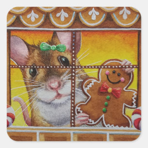 Sticker Carré Souris d'épices Maison Souris & Cookie Aquarelle