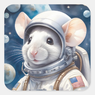 Sticker Carré Souris drôle en costume astronaute dans l'espace