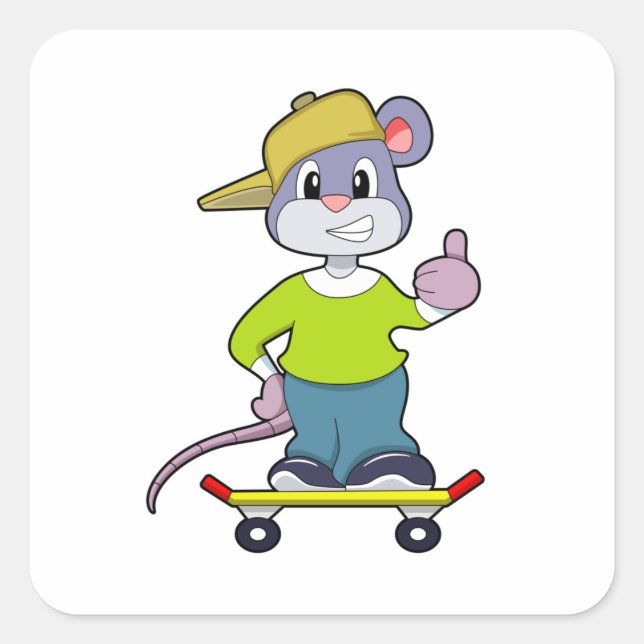 Sticker Carré Souris en skate avec skateboard (Devant)