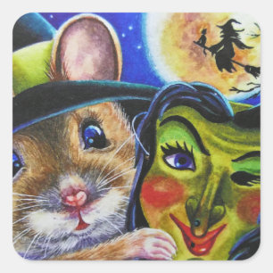 Sticker Carré Souris en sorcière Halloween Masque Vintage Aquare
