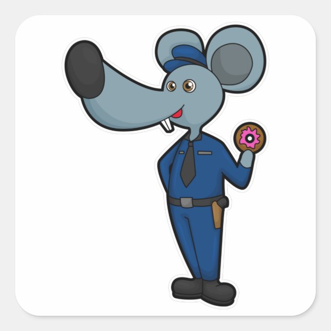 Sticker Carré Souris en tant qu'officier de police avec Donut (Devant)