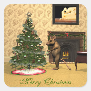 Sticker Carré Souris mignonne décorant un arbre de Noël