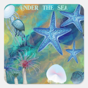 Sticker Carré Sous la mer Anémones Starfish Jellyfish Blue Kid