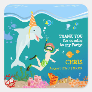 Sticker Carré Sous la mer dauphins et fête d'anniversaire garçon