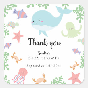 Sticker Carré Sous le Baby shower marin Cute Kawaii Merci