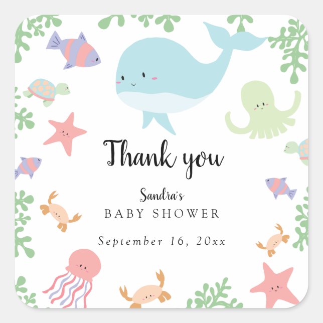 Sticker Carré Sous le Baby shower marin Cute Kawaii Merci (Devant)