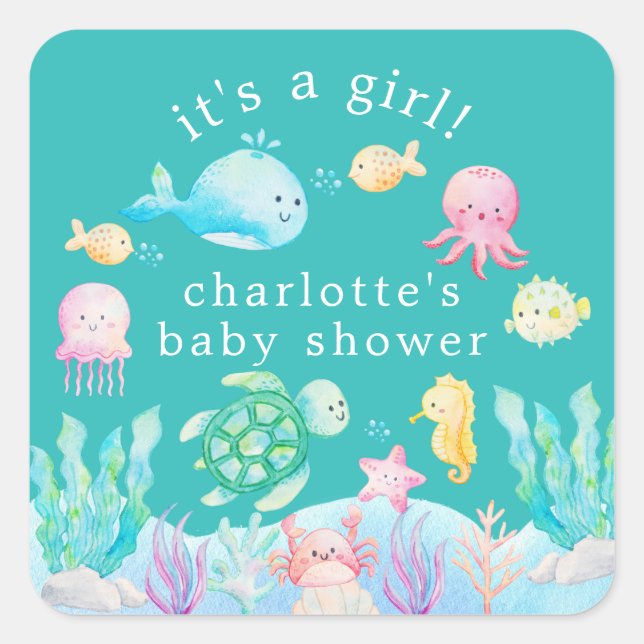 Sticker Carré Sous le Baby shower Sea Adventure (Devant)