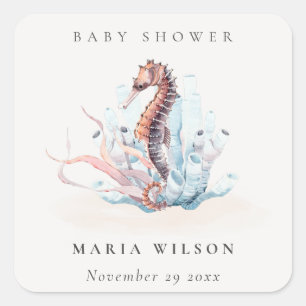 Sticker Carré Sous l'eau Hippocampe Algues Corail Baby Shower