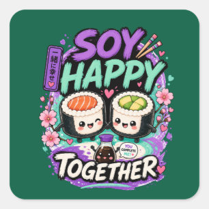 Sticker Carré Soy Happy Together – Couple de Sushi Kawaii Mignon