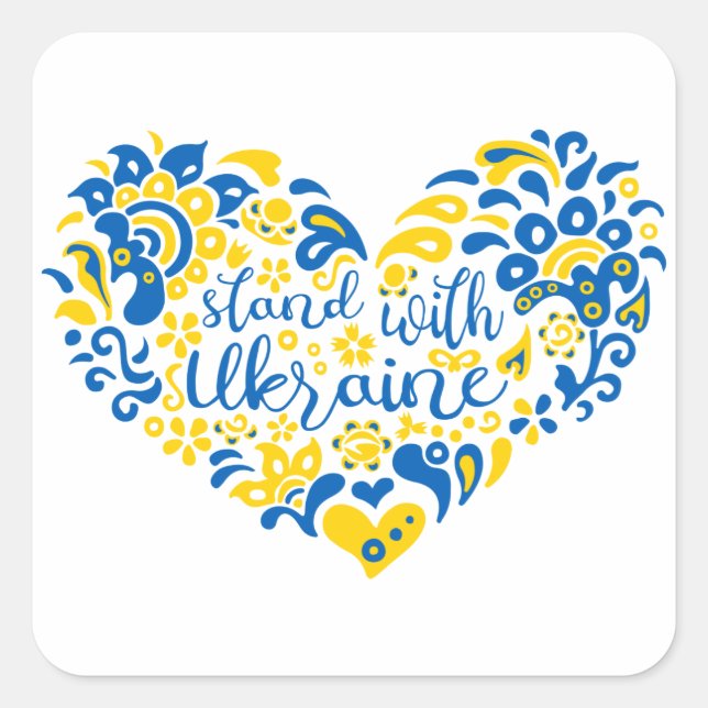 Sticker Carré Soyez avec l'Ukraine lettrage et coeur (Devant)