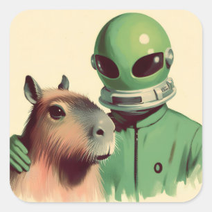 Sticker Carré Space Man et Capybara Retro Illustration Vintage