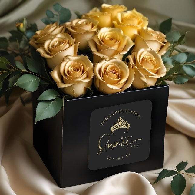 Sticker Carré Spanish Black Trendy Quinceañera Princess Tiara (Spanish Black Trendy Quinceañera Faux Golden Princess Crown Tiara Square Stickers.)