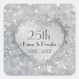 Sticker Carré Sparkle Coeur d'argent 25e anniversaire Mariage