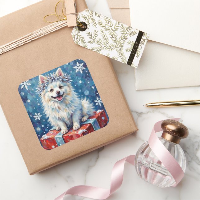 Sticker Carré Sparkling American Eskimo Dog Festive Gift Cushion (Cadeaux)