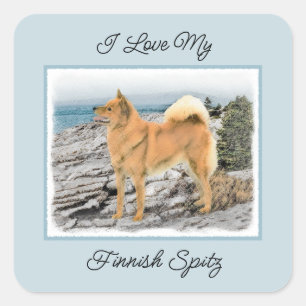 Sticker Carré Spitz finlandais à Seashore Peinture - Chien Art