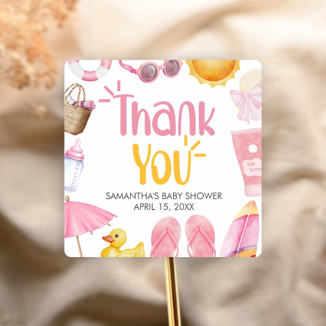 Sticker Carré Splish Splash Baby Shower d'été (Pink Splish Splash Baby Shower Sticker)