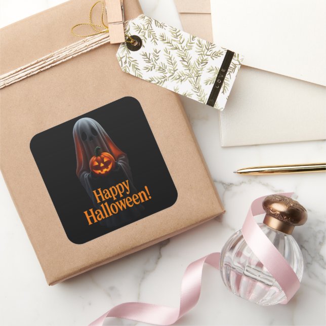 Sticker Carré Spooky Ghost with Pumpkin – Happy Halloween  (Cadeaux)