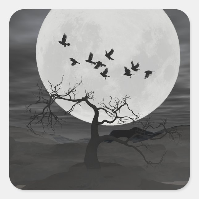 Sticker Carré Spooky Ravens Flying Against the Full Moon (Devant)