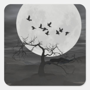 Sticker Carré Spooky Ravens Flying Against the Full Moon