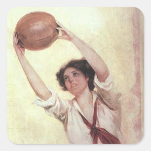 Sticker Carré Sports Vintage, joueuse de basket-ball avec ballon