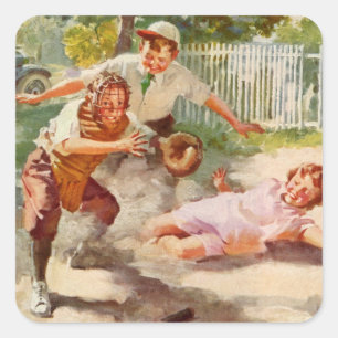 Sticker Carré Sports Vintage, les enfants jouent au baseball ave