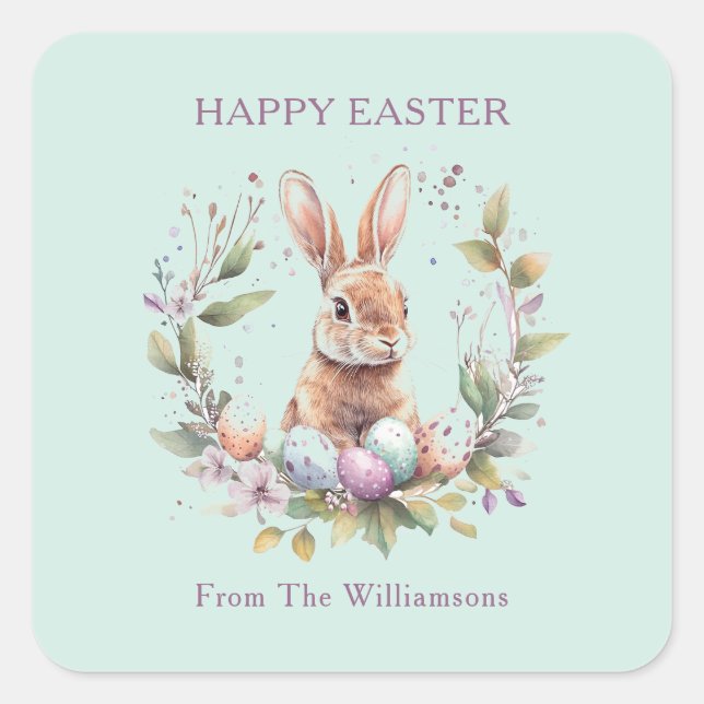 Sticker Carré Spring Bunny Easter Eggs Wreath Personalized (Devant)