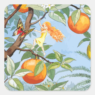 Sticker Carré Spring Girl se livrant dans l'arbre avec des fruit