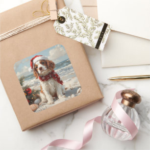 Sticker Carré Springer Spaniel Chien Noël Vintage Plage