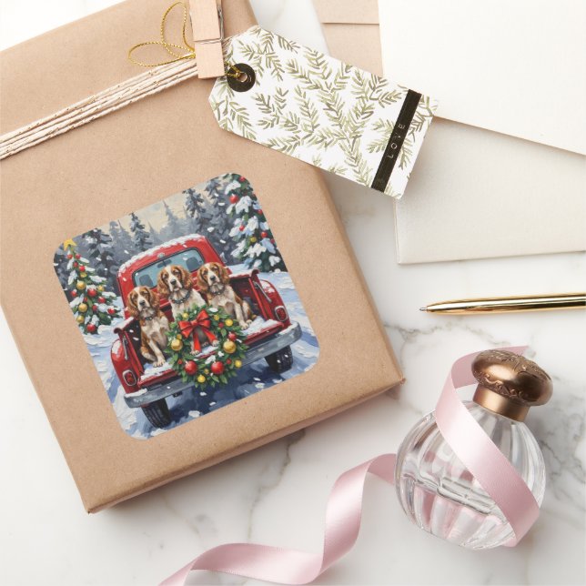 Sticker Carré Springer Spaniel Christmas Red Truck Holiday (Cadeaux)