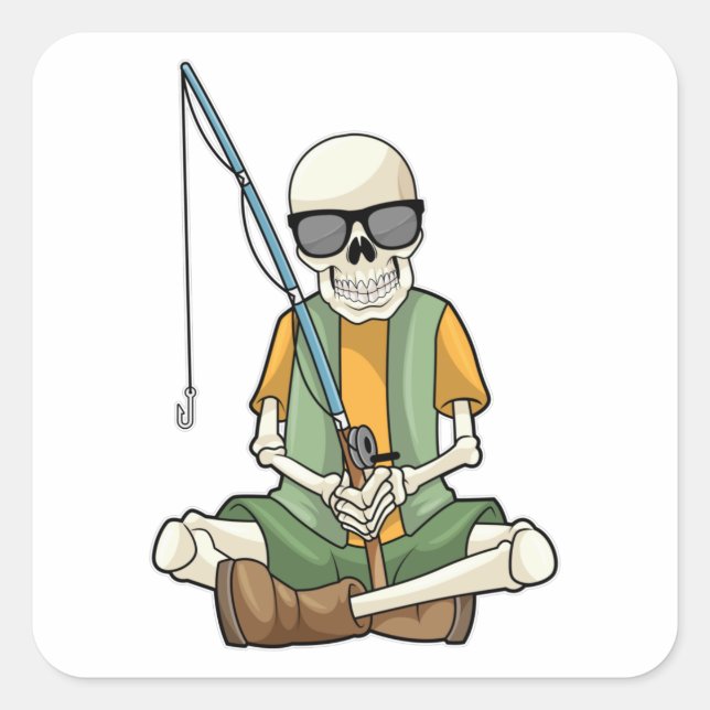 Sticker Carré Squelette à la pêche avec canne à pêche (Devant)