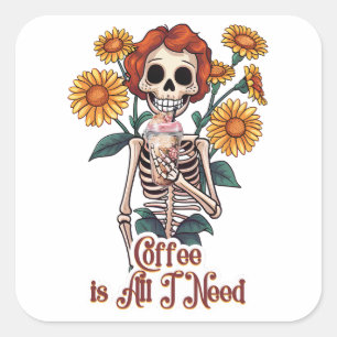 Sticker Carré Squelette Boire Café Fleurs de soleil